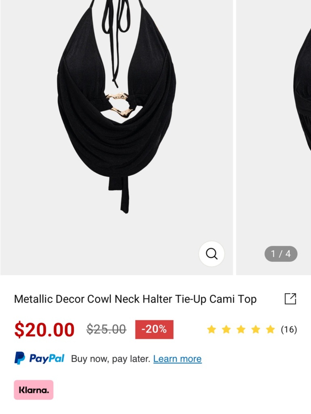 Micas Metallic Decor Cowl Neck Halter Tie-Up Cami Top - Black